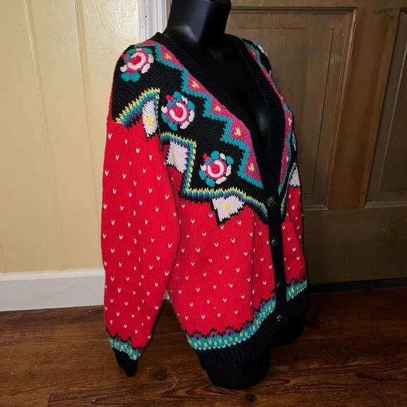 Complements 90s Retro Red Colorful Knit Button Up Cardigan Sweater Size S - Picture 5 of 14